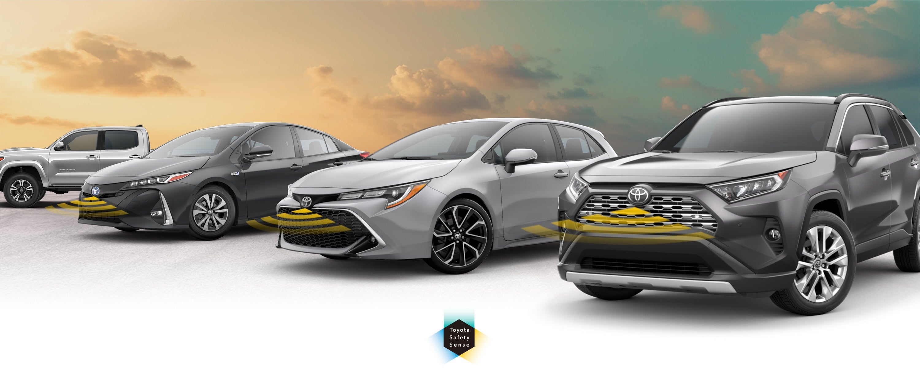 Toyota Safety Sense: Designed for Safety. Options shown on Toyota models including RAV4, Tacoma, and Camry, available now at Swickard Toyota in Edmonds WA.