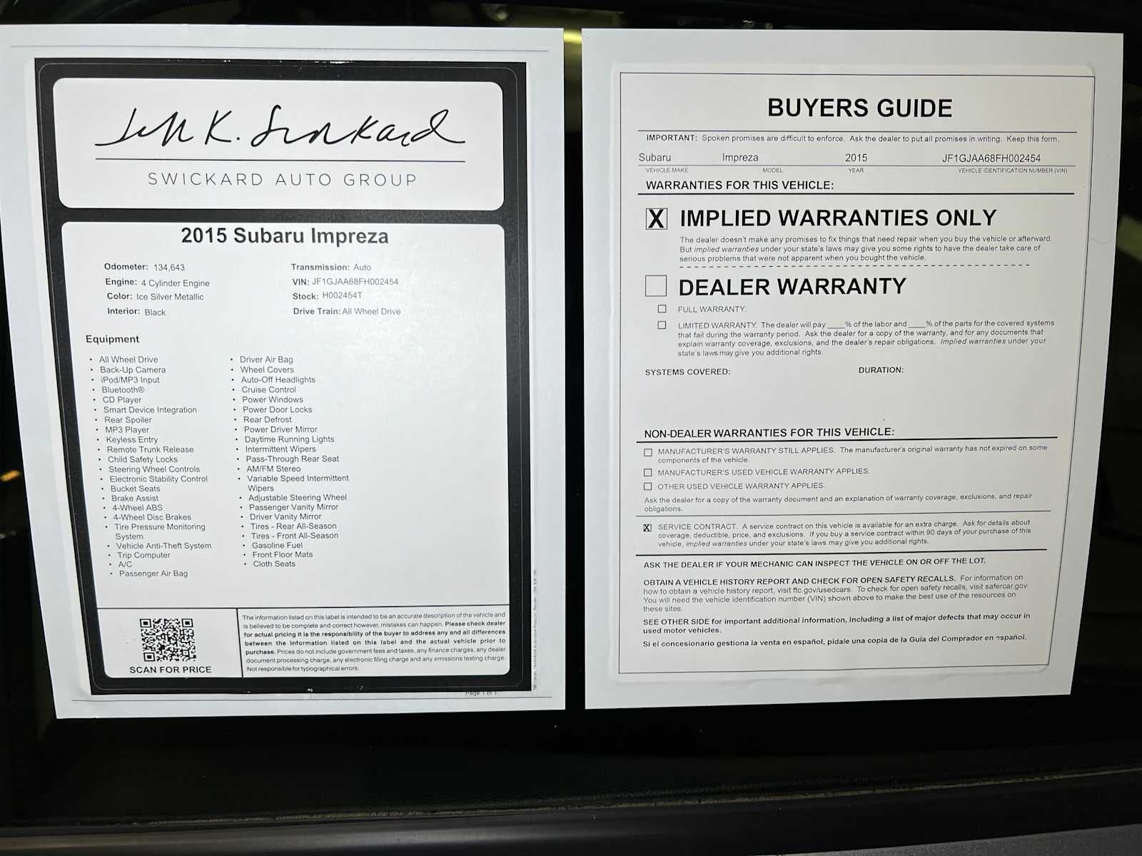 2015 Subaru Impreza 4dr CVT 2.0i