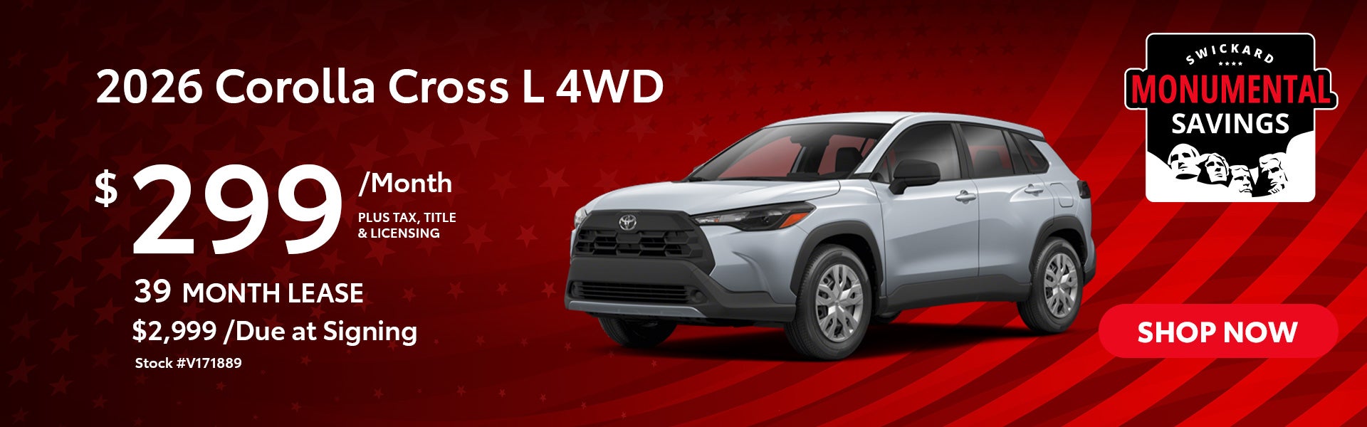 2026 Corolla Cross L 4WD Lease for $299 per month for 39 mon