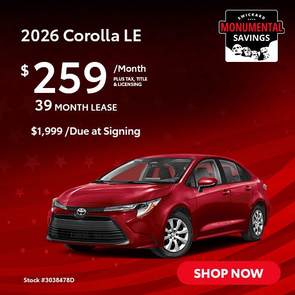 2026 Corolla LE Lease for $259 per month for 39 months. $1,9