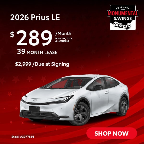 2026 Prius LE Lease for $289 per month for 39 months. $2,999