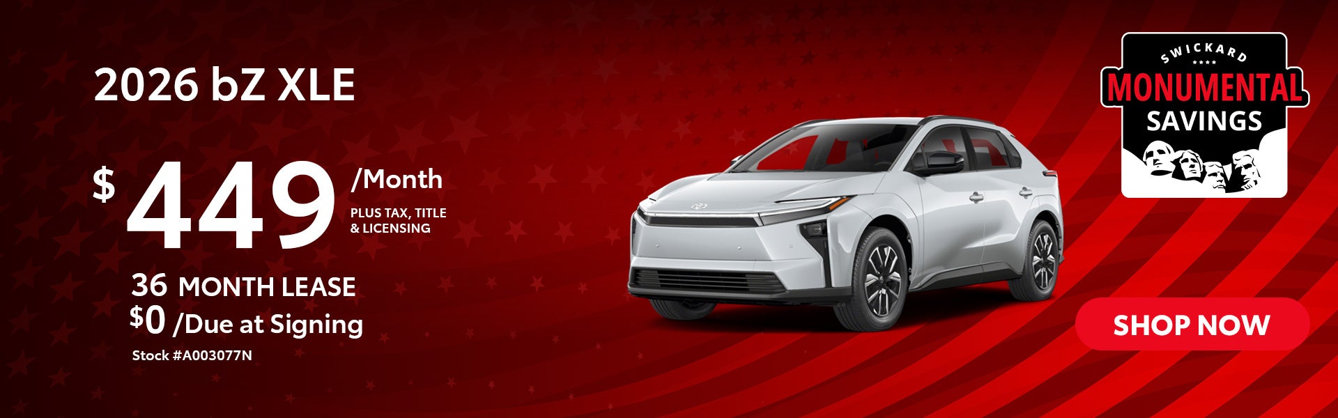 2026 bZ XLE Plus FWD Lease for $449 per month for 36 months.