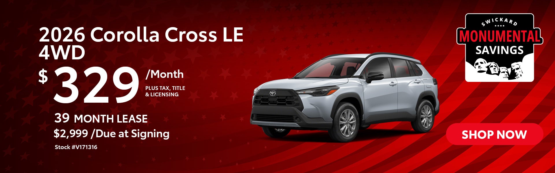 2026 Corolla Cross LE 4WD Lease for $329 per month for 39 mo