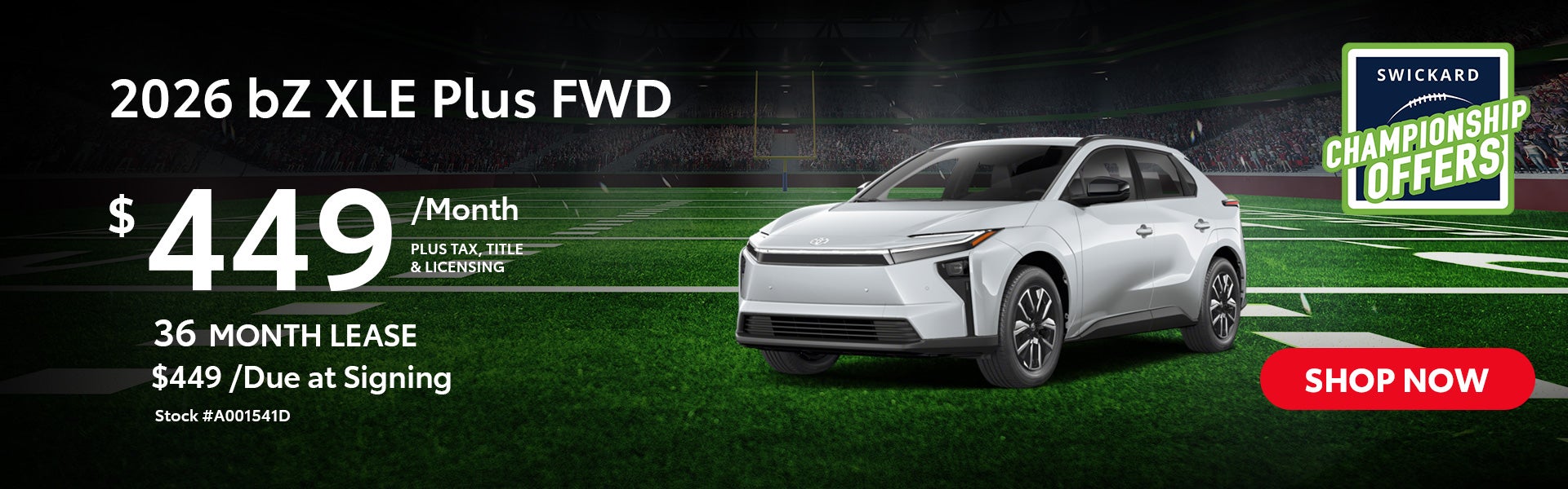 2026 bZ XLE Plus FWD Lease for $449 per month for 36 months.