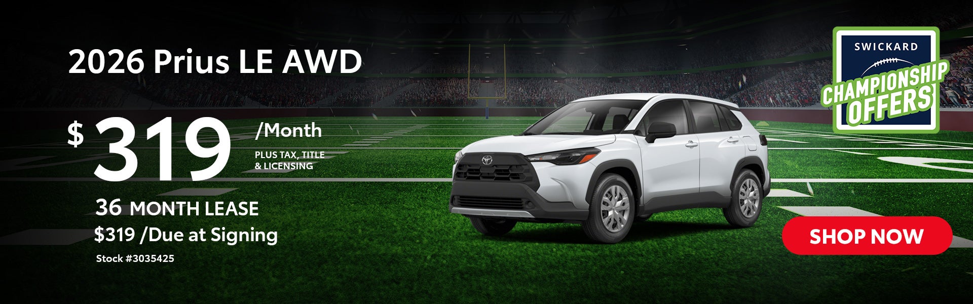 2026 Prius LE AWD Lease for $319 per month for 36 months.