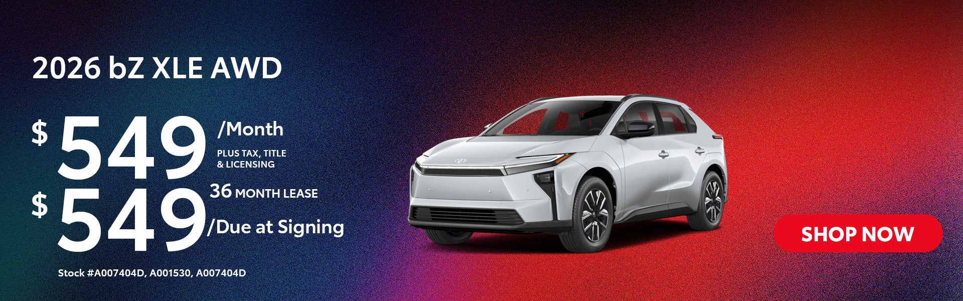 2026 bZ XLE AWD Lease from $549/mo, $549 due at signing